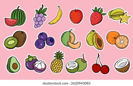Sticker set of colourful fruits with white borders, sticker sheet style, flat colour, vector illustration, clean edges and background, die-cut stickers along with catchy captions