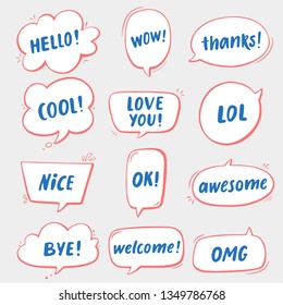 Sticker set with comics style speech bubbles and lettering phrases in red/blue colors.	