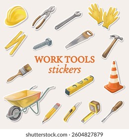 Sticker set of construction, repair, and protective tools, including hammer, wrench, helmet, drill, saw, and gloves