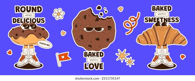Sticker set with cookie, croissant, and donut characters in groovy style. Pastries and sweets. National Dessert Day. Sweet pastry stickers for breakfast. Vector funny characters with eyes and legs