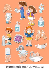 Sticker set of covid19 and cartoon character illustration