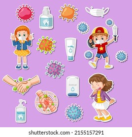 Sticker set of covid19 and cartoon character illustration