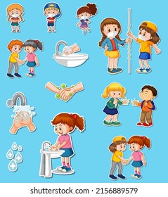 Sticker set of covid19 and cartoon character illustration