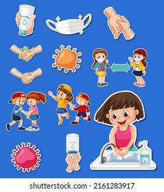 Sticker set of covid19 and cartoon character illustration