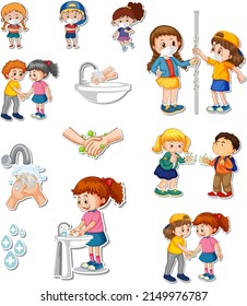 Sticker set of covid19 and cartoon characters illustration