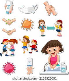 Sticker set of covid19 and cartoon characters illustration