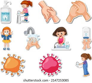 Sticker set of covid19 icons and cartoon characters illustration