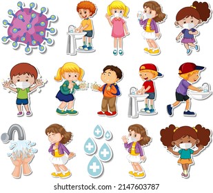 Sticker set of covid19 icons and cartoon characters illustration