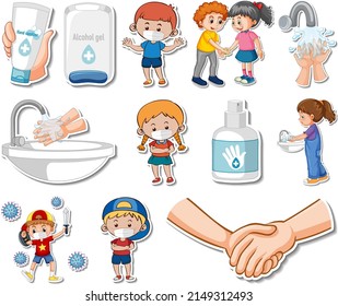 Sticker set of covid19 icons and cartoon characters illustration
