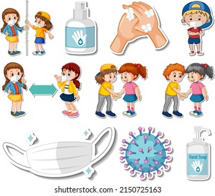 Sticker set of covid19 icons and cartoon characters illustration