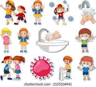 Sticker set of covid19 icons and cartoon characters illustration