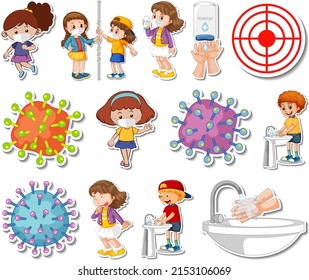 Sticker set of covid19 icons and cartoon characters illustration