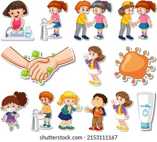 Sticker set of covid19 icons and cartoon characters illustration