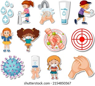 Sticker set of covid19 icons and cartoon characters illustration