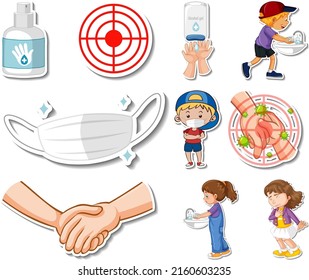 Sticker set of covid19 icons and cartoon characters illustration
