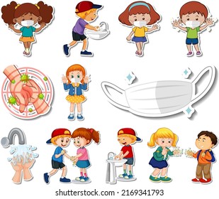 Sticker set of covid19 icons and cartoon characters illustration