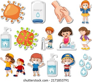 Sticker set of covid19 icons and cartoon characters illustration
