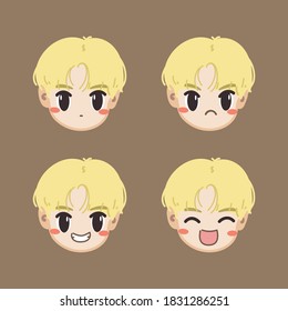 Sticker set cute boy with blonde hair and face with various expressions. simple vector, cute icon