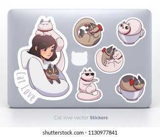 Sticker set with cute girl and cats. Vector illustration