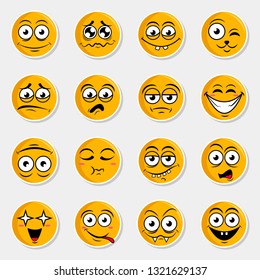 Sticker set of cute happy smiley emotions,yellow vector illustration