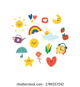 Sticker establece una bonita colección de iconos para juguetes, tela, papel de envoltura de regalo para niños. vector simple