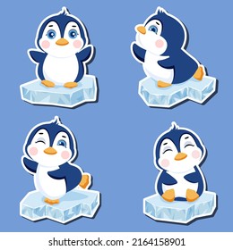 Sticker set of cute penguins on an ice floe. Collection of penguins stickers vector illustration