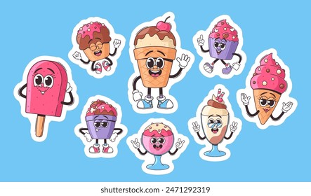 Sticker Set Of Cute Retro Cartoon Ice Cream And Cake Stickers Featuring Various Desserts With Happy Expressions