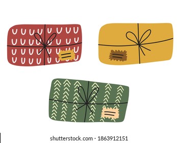 Paquete de pegatinas de paquetes bonitos y simples en papel de envoltura colorido decorado con garrapatas y arcos. Concepto de estilo escandinavo para la decoración de portada, tarjeta, web, aplicación. Espíritu navideño e invierno