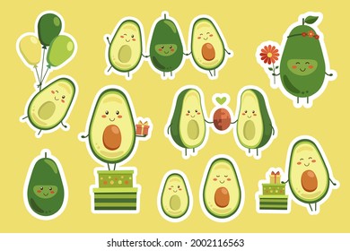 Sticker set of cute smiling avocado characters. Kawaii isolated vector stickers. Sticker avocado bundle. Birthday party celebration summer holidays kids love friends presents balloons flowers