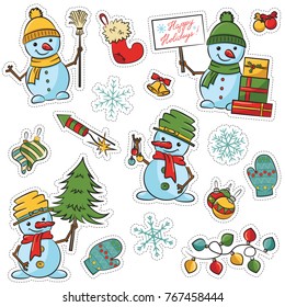  Sticker set with cute snowmen, trees, gift boxes and xmas objects.  Happy winter holiday illustration. 