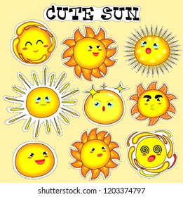sticker set with cute sun,art character of cartoon,nature vector