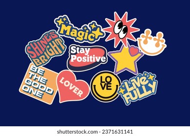 Sticker set Cute vector template decorated with cartoon image and aesthetic quotes graphic design