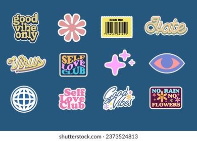 Sticker set Cute vector template decorated with cartoon image and aesthetic quotes graphic design