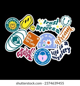 Sticker set Cute vector template decorated with cartoon image and aesthetic quotes graphic design