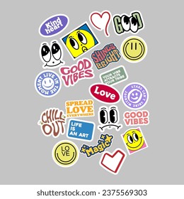 Sticker set Cute vector template decorated with cartoon image and aesthetic quotes graphic design