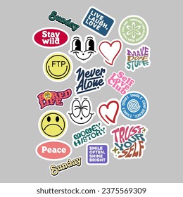 Sticker set Cute vector template decorated with cartoon image and aesthetic quotes graphic design