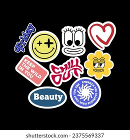 Sticker set Cute vector template decorated with cartoon image and aesthetic quotes graphic design