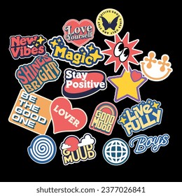 Sticker set Cute vector template decorated with cartoon image and aesthetic quotes graphic design