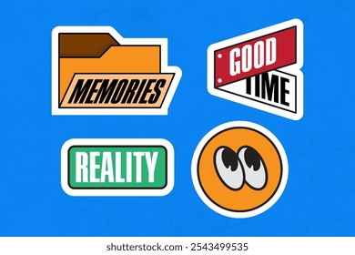 Sticker set Cute vector template decorated with cartoon image and aesthetic quotes graphic design