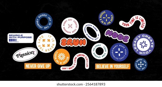 Sticker set Cute vector template decorated with cartoon image and aesthetic quotes graphic design	