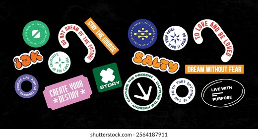 Sticker set Cute vector template decorated with cartoon image and aesthetic quotes graphic design	