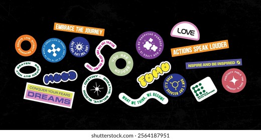 Sticker set Cute vector template decorated with cartoon image and aesthetic quotes graphic design	