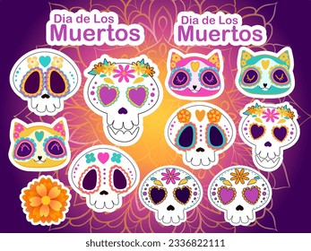 Sticker set día de muertos. day of the dead. ornament with hat, flower and skull for poster, party promo,  festival card