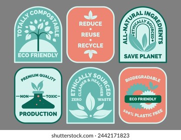 Diseño de pegatinas para paquete de productos respetuoso del medio ambiente. Plantilla de la colección de etiquetas con totalmente compostable, todos los ingredientes naturales signo, ilustración vectorial. Oferta de producción no tóxica, concepto de cero residuos