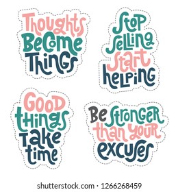Sticker set design template with hand drawn vector lettering, quote to keep inspired for success. Clean minimalistic concept for self development, coaching, mentoring, personal and self made growth.