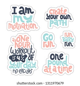 Sticker set design template with hand drawn vector lettering. Unique motivational phrases about workout, gym, fitness, wellness program, inspiration to lose weight. Modern concept typography layout.