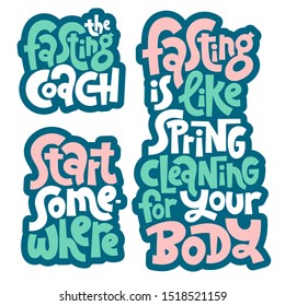 Sticker set design template with hand drawn vector lettering about principle of intermittent fasting, diet and weight loss, time-restricted eating, skip breakfast, daily eating window.