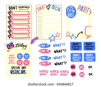 sticker set, diary sticker, planner , Calendar Daily and Weekly Planner Template. Note Paper and Stickers Set with Vector  Illustrations. 