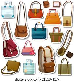 Sticker set of different bags and accessories illustration