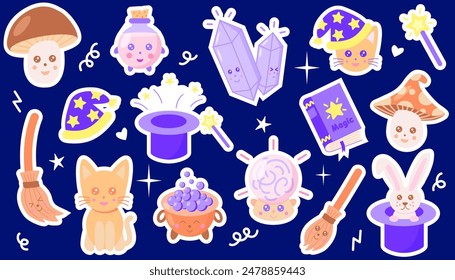 Sticker set with different childrens magic elements, vector in kawaii and cartoon style